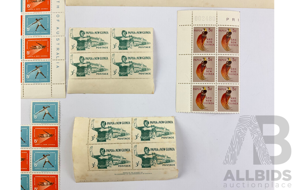 Papua New Guinea 1960's Mint Stamp Sheet and Blocks, Including 1962 Commonwealth Games, 1962 Fifth South Pacific Conference, Printed by the Authority of the Government of the Commonwealth of Australia
