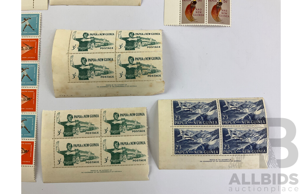 Papua New Guinea 1960's Mint Stamp Sheet and Blocks, Including 1962 Commonwealth Games, 1962 Fifth South Pacific Conference, Printed by the Authority of the Government of the Commonwealth of Australia