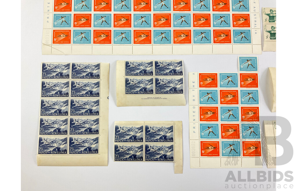 Papua New Guinea 1960's Mint Stamp Sheet and Blocks, Including 1962 Commonwealth Games, 1962 Fifth South Pacific Conference, Printed by the Authority of the Government of the Commonwealth of Australia