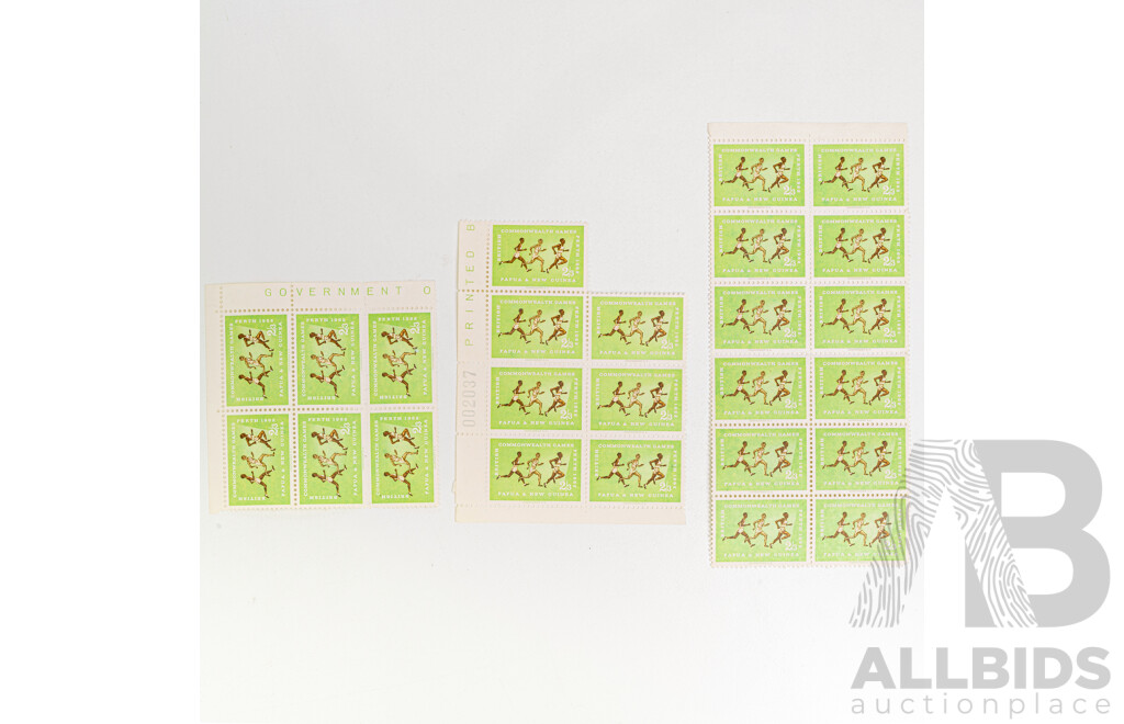 Papua and New Guinea 1960's Mint Stamp Blocks Including 1962 Commonwealth Games, 1963 Bird of Paradise, Printed by the Authority of the Government of the Commonwealth of Australia