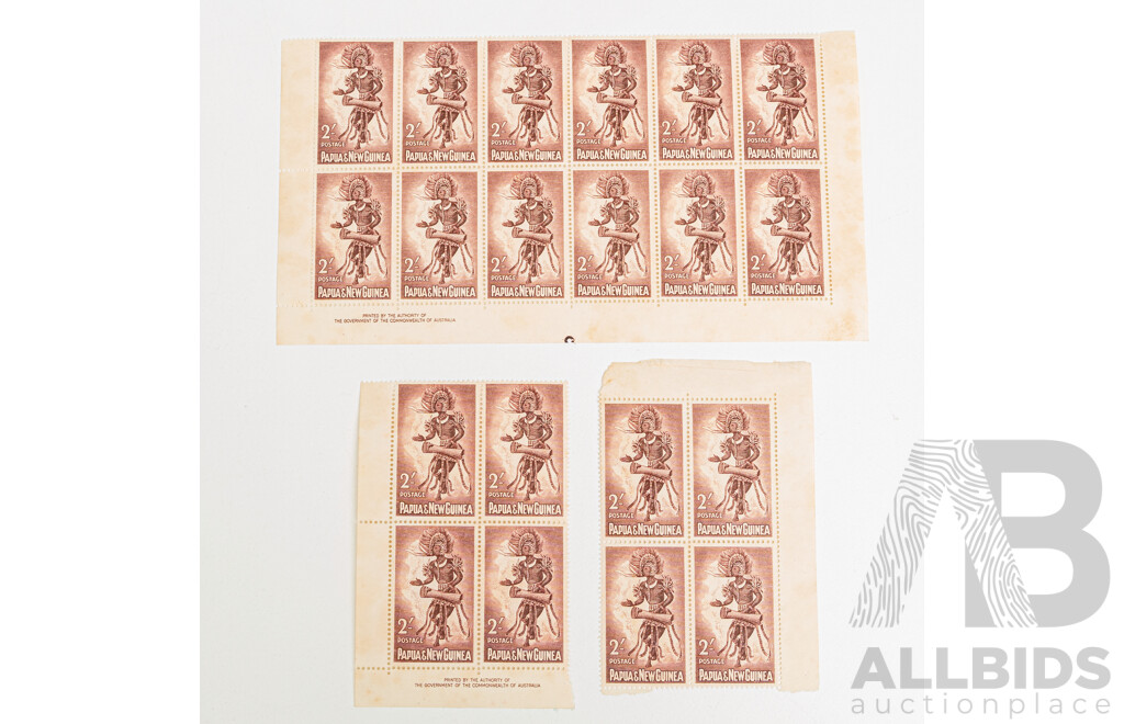 Papua and New Guinea 1960's Mint Stamp Blocks Including 1962 Commonwealth Games, 1963 Bird of Paradise, Printed by the Authority of the Government of the Commonwealth of Australia