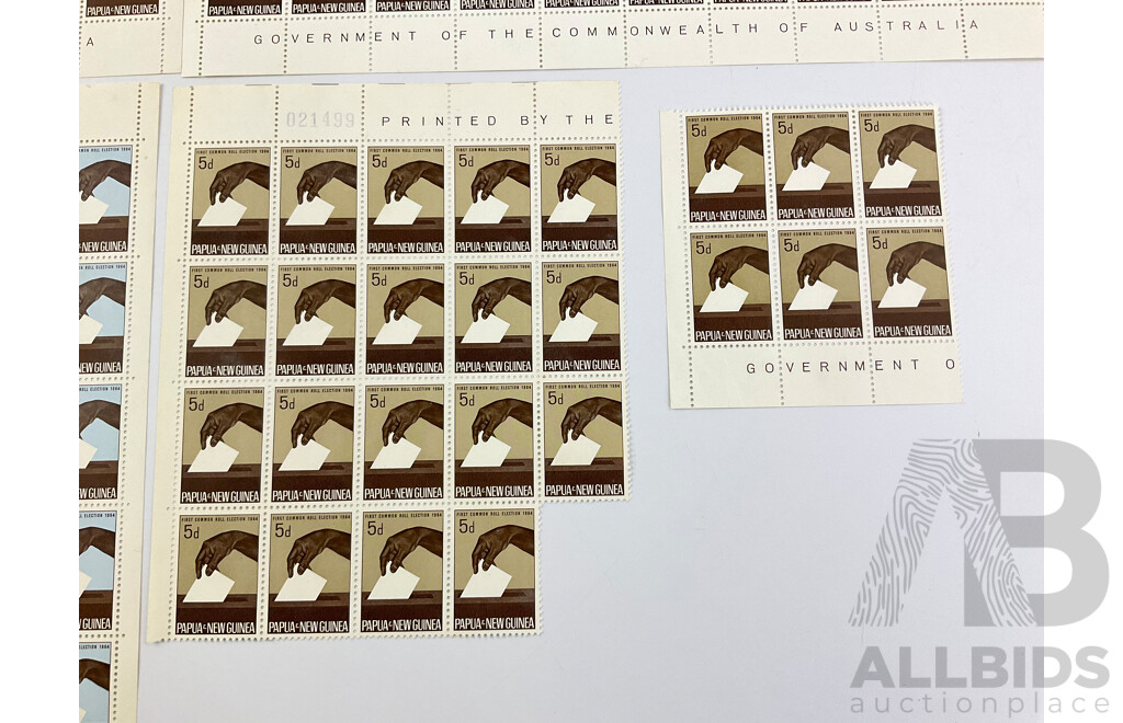 Papua New Guinea 1964 Stamp Sheets and Blocks, First Common Election, 5d and 2/3, Printed by the Authority of the Government of the Commonwealth of Australia