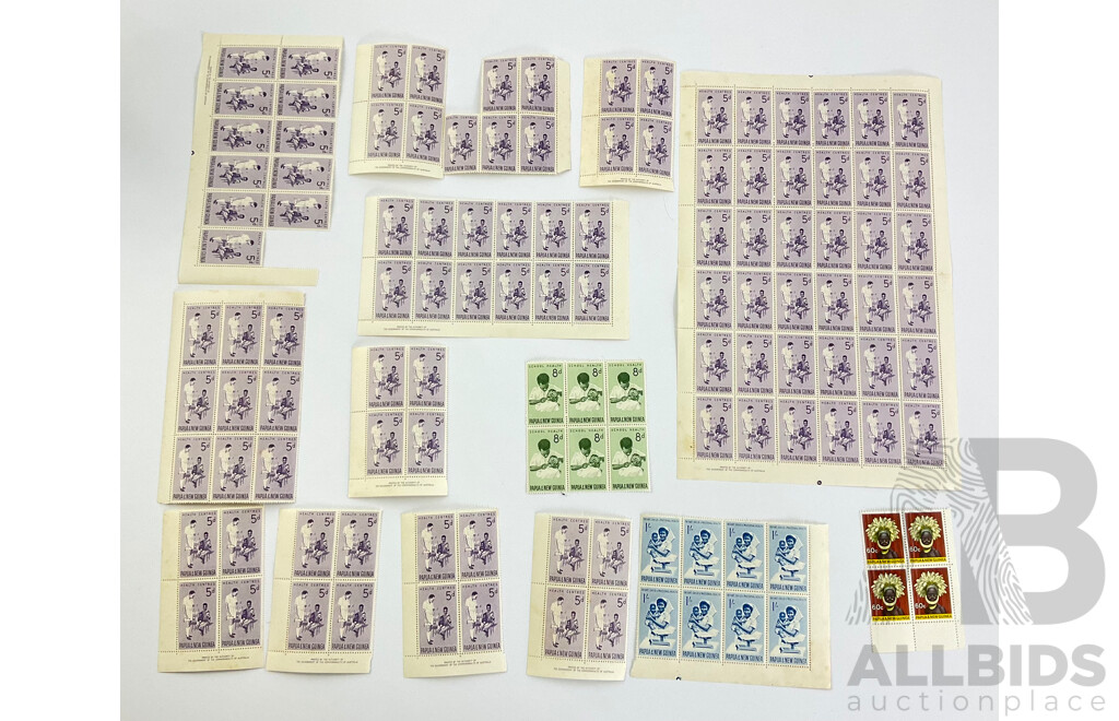 Papua New Guinea 1960's Stamp Sheet and Blocks Including 5d Health Centers and One Shilling Infant Child and Maternal Health, Printed by the Authority of the Government of the Commonwealth of Australia