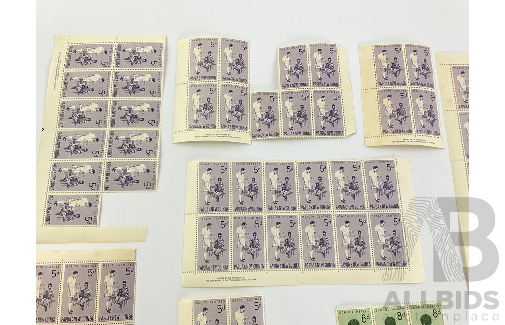 Papua New Guinea 1960's Stamp Sheet and Blocks Including 5d Health Centers and One Shilling Infant Child and Maternal Health, Printed by the Authority of the Government of the Commonwealth of Australia