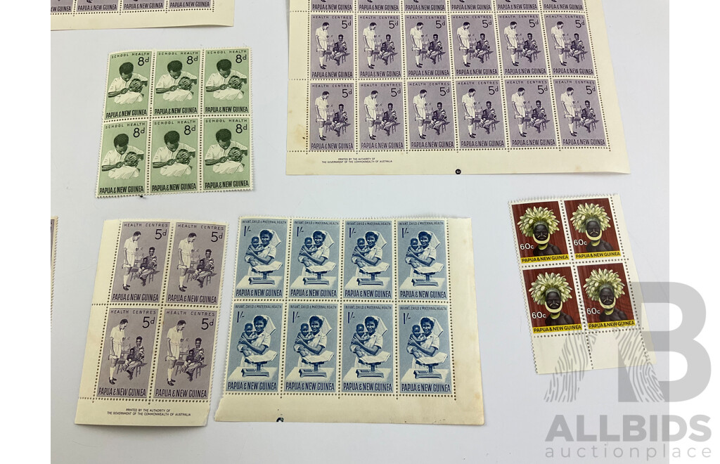 Papua New Guinea 1960's Stamp Sheet and Blocks Including 5d Health Centers and One Shilling Infant Child and Maternal Health, Printed by the Authority of the Government of the Commonwealth of Australia