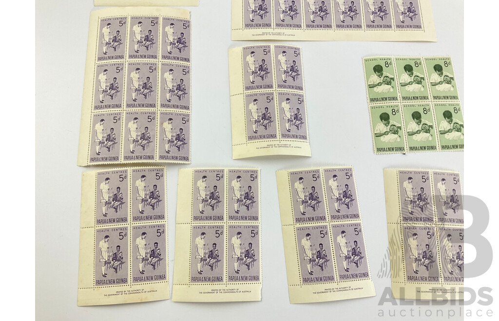 Papua New Guinea 1960's Stamp Sheet and Blocks Including 5d Health Centers and One Shilling Infant Child and Maternal Health, Printed by the Authority of the Government of the Commonwealth of Australia