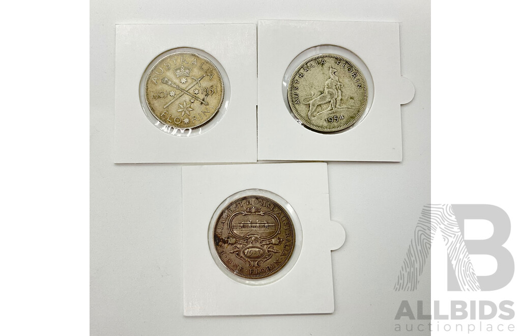 Australian Commemorative Florins 1927 (.925 Silver) 1951 and 1954 (.500 Silver)