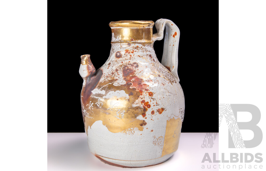 Large Studio Pottery Ewer with Spout and Gold Decoration