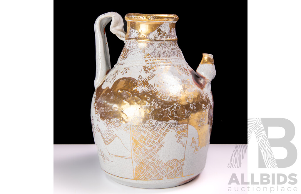 Large Studio Pottery Ewer with Spout and Gold Decoration
