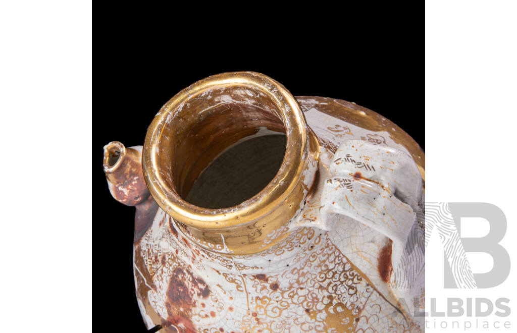 Large Studio Pottery Ewer with Spout and Gold Decoration