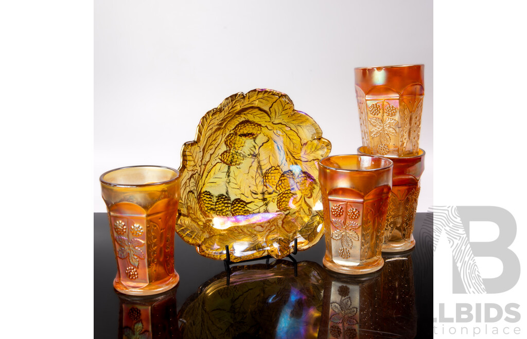 Set Four Vintage Marigold Carnival Glass Tumblers Along with Dish