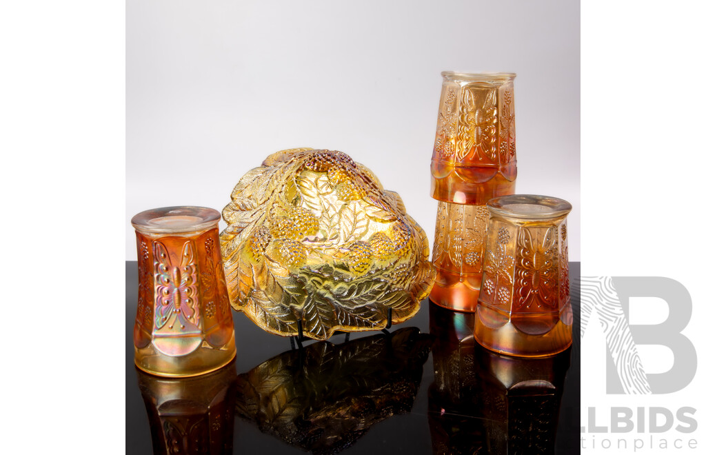 Set Four Vintage Marigold Carnival Glass Tumblers Along with Dish