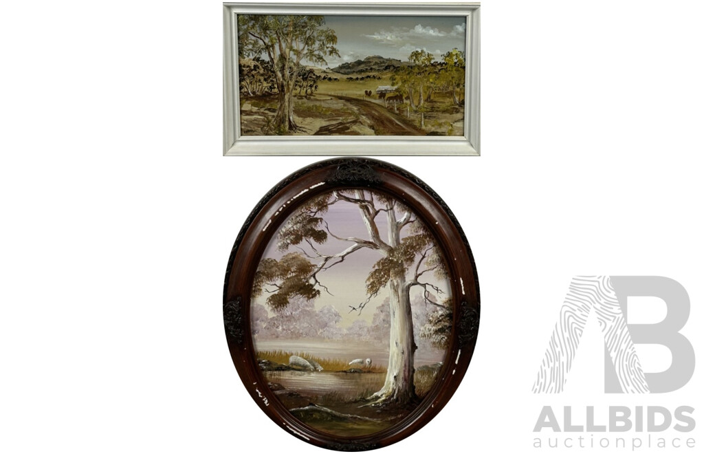 Allison Willis, (20th Century, Australian), Lambruk Karawara (Homestead Outwest), Ti-Tree Bark, Seaweed & Lichen, & Sheep Grazing, Oil on Board, 38 x 63 cm (larger frame) (2)