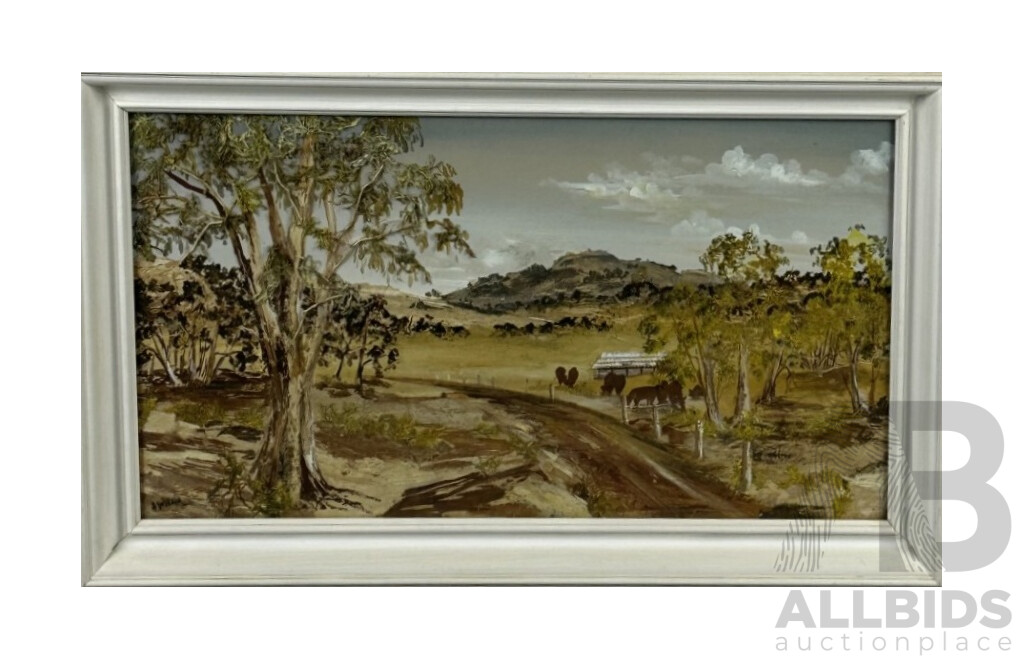 Allison Willis, (20th Century, Australian), Lambruk Karawara (Homestead Outwest), Ti-Tree Bark, Seaweed & Lichen, & Sheep Grazing, Oil on Board, 38 x 63 cm (larger frame) (2)