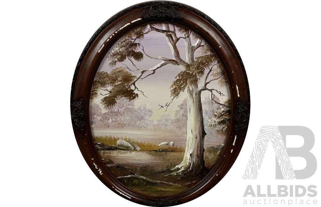 Allison Willis, (20th Century, Australian), Lambruk Karawara (Homestead Outwest), Ti-Tree Bark, Seaweed & Lichen, & Sheep Grazing, Oil on Board, 38 x 63 cm (larger frame) (2)