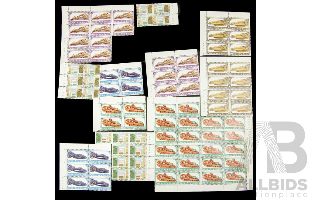 Collection of Papua New Guinea 1965 Mint Stamp Blocks Including Sepik Canoe Prows and Sixth South Pacific Conference