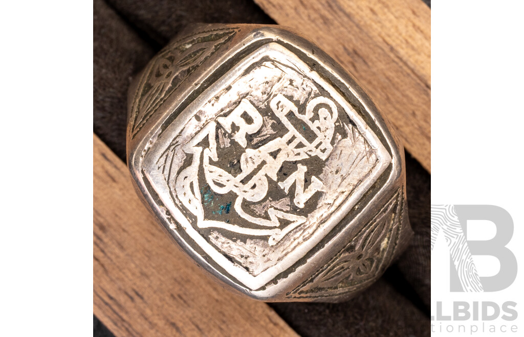 Vintage Sterling Silver 'RAN' Royal Australian Navy Signet Ring, Size R, 13.34 Grams