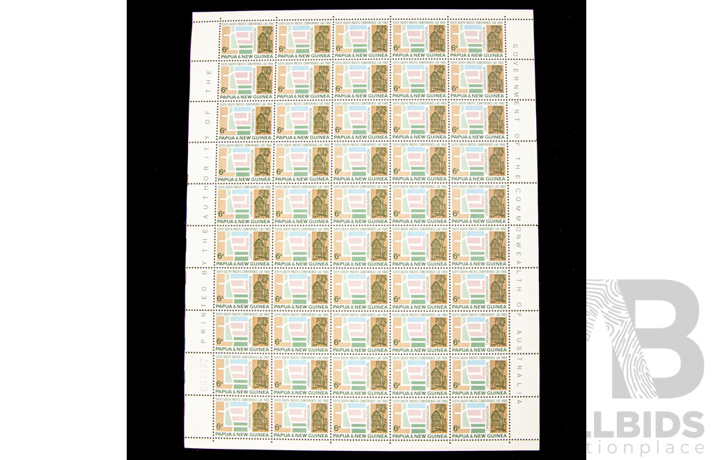 Four Papua New Guinea 1965 Mint Stamp Sheets, Sixth South Pacific Conferance, Six Penny(2) and One Shilling(2)