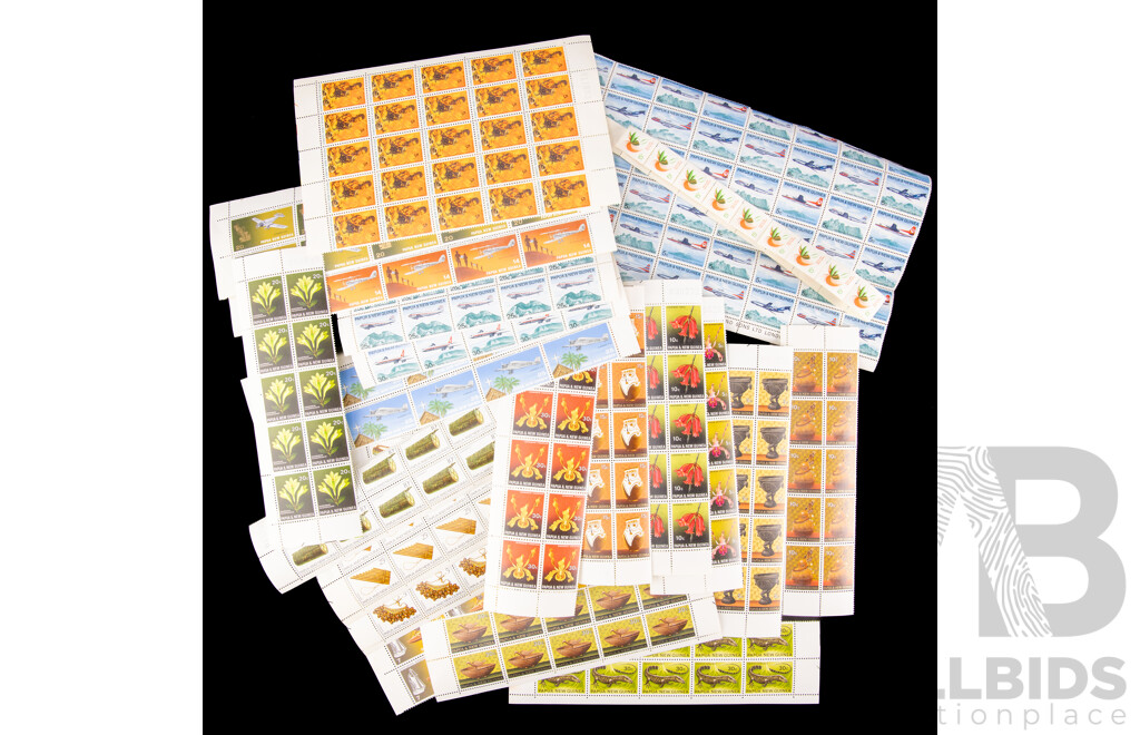 Collection of Papua New Guinea 1969/70 Mint Stamp Strips and Blocks Including Artifact Set, Musical Instruments Set, Air Service Part Set