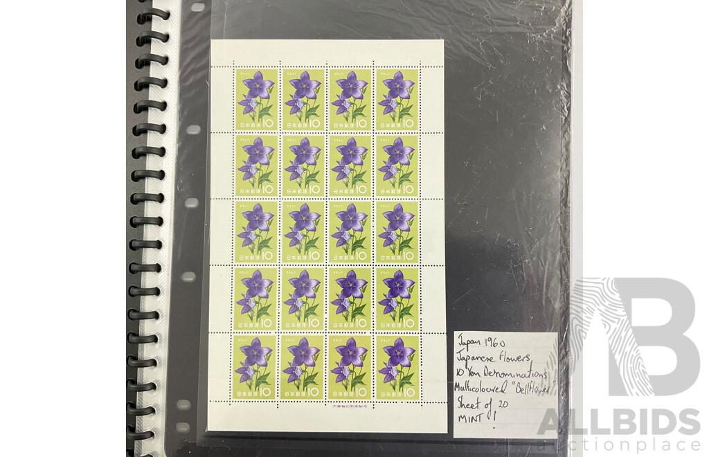 Album of Vintage Japanese Mint Stamp Sheets and Blocks, Examples Spanning 1959 to 1960