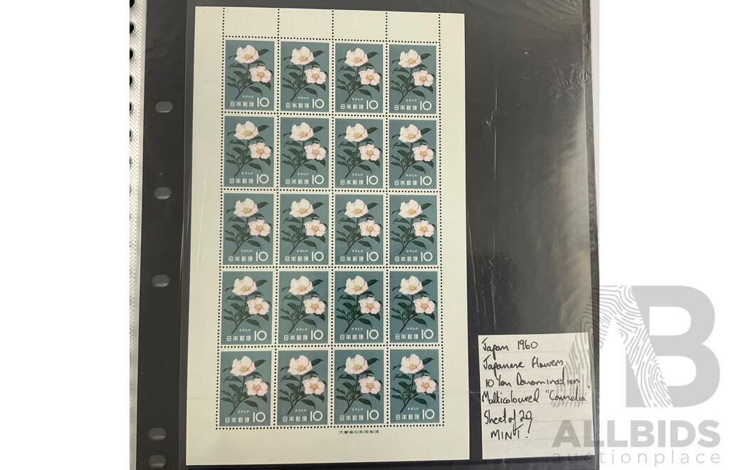 Album of Vintage Japanese Mint Stamp Sheets and Blocks, Examples Spanning 1959 to 1960