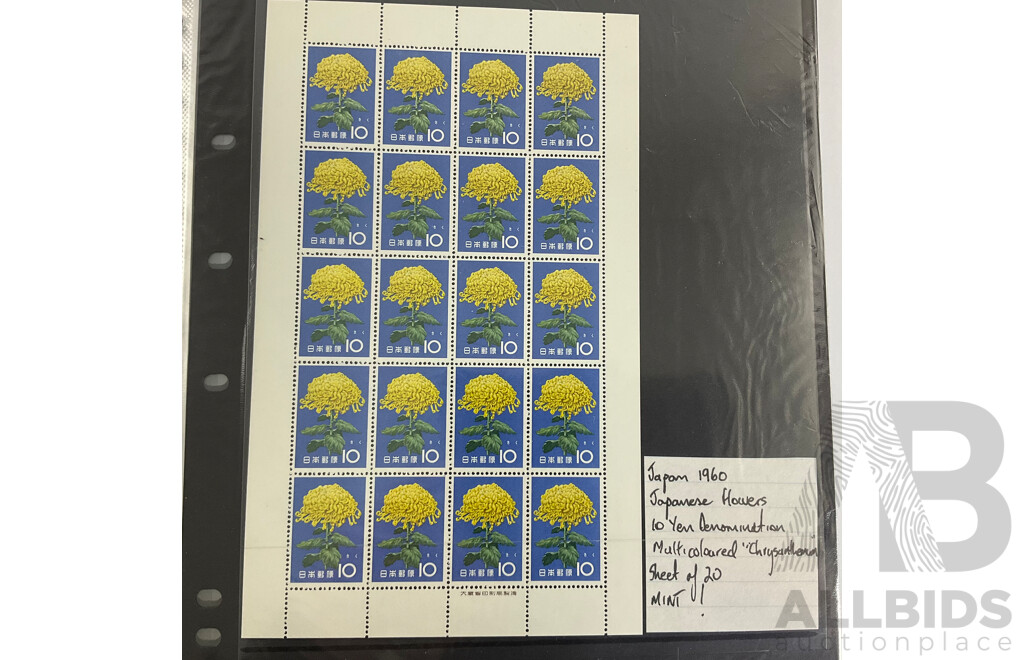 Album of Vintage Japanese Mint Stamp Sheets and Blocks, Examples Spanning 1959 to 1960