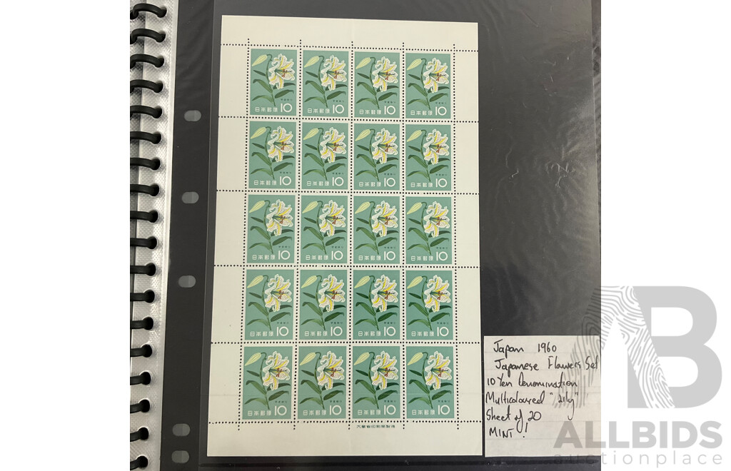 Album of Vintage Japanese Mint Stamp Sheets and Blocks, Examples Spanning 1959 to 1960