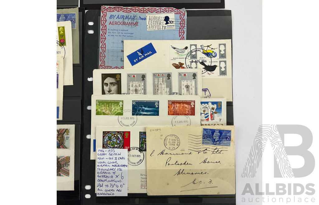 Collection of Vintage Great Britain First Day Covers and Post Cards Spanning 1904 to 1974 Including Airmails, Gandhi, Churchill, KEVII, KGVI, QE2