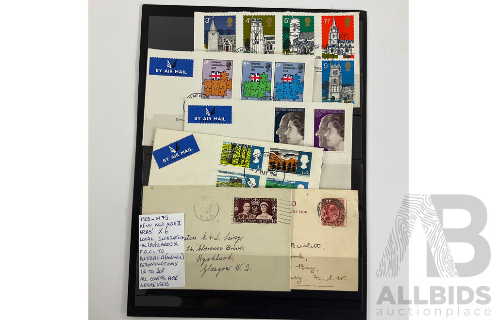 Collection of Vintage Great Britain First Day Covers and Post Cards Spanning 1904 to 1974 Including Airmails, Gandhi, Churchill, KEVII, KGVI, QE2