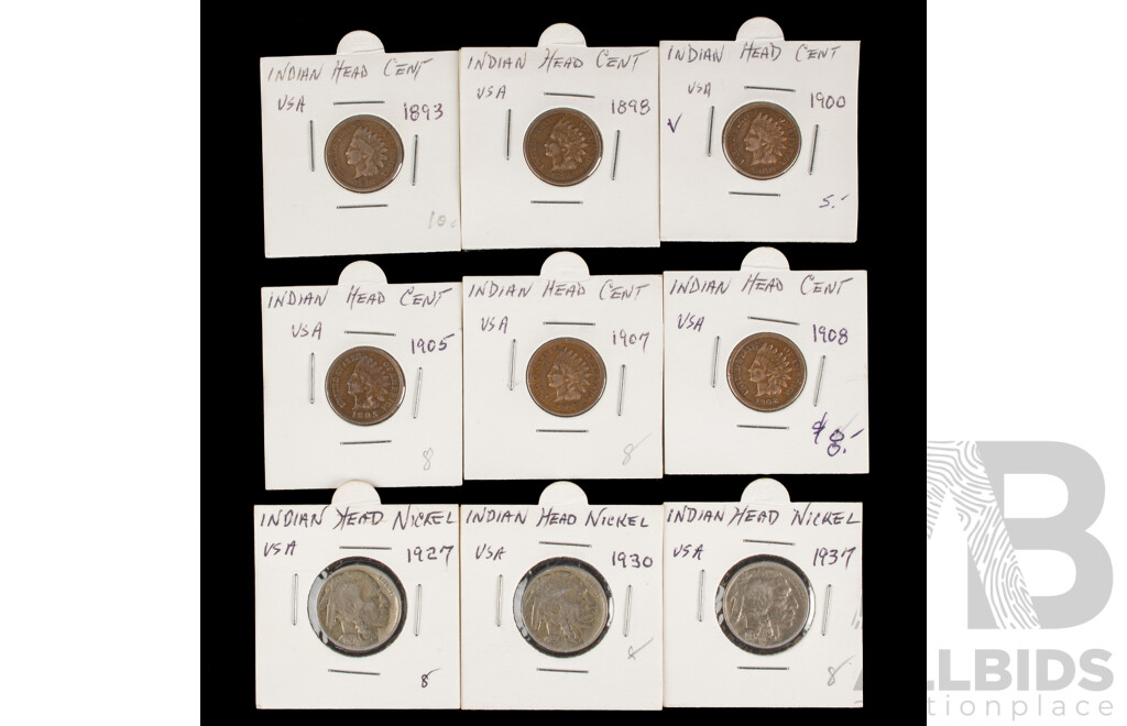Vintage USA Indian Head Coins Including One Cents 1893, 1898, 1900, 1905, 1907, 1908, Buffalo Nickles 1927, 1930, 1937