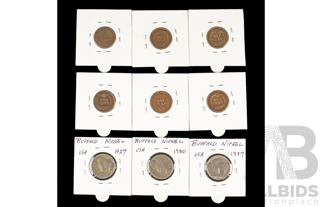 Vintage USA Indian Head Coins Including One Cents 1893, 1898, 1900, 1905, 1907, 1908, Buffalo Nickles 1927, 1930, 1937