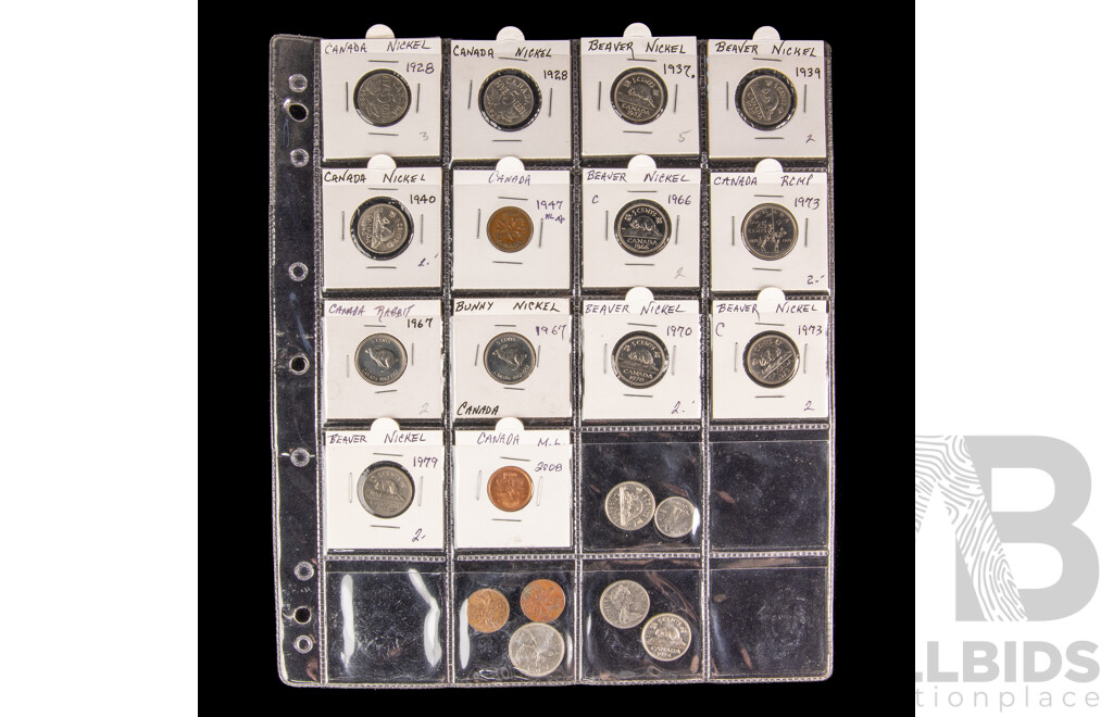 Collection of Canadian and USA Vintage Coins Including UNC Dimes, UNC 1977S Kennedy Half Dollar, Beaver and Bunny Nickles