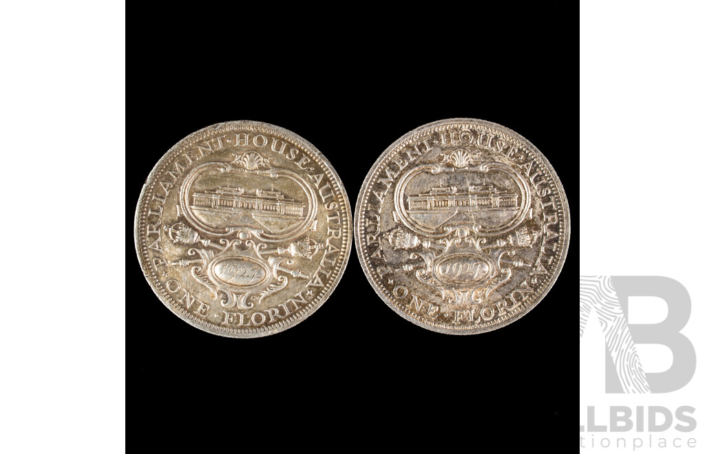 Two Australian 1927 KGV Silver Florins, One with Deep Strike Rim Error, Canberra Commemorative .925
