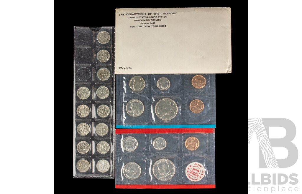 USA 1972 UNC Coin Sets, Denver and San Fransisco Mints with Thirteen Dimes Including 1942 Silver Mercury Example