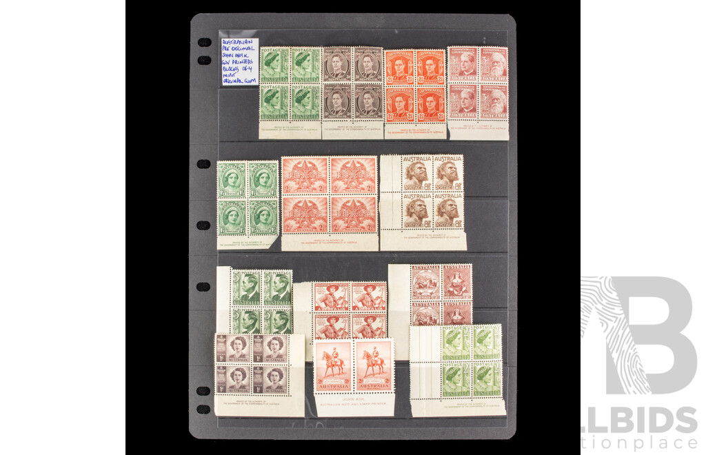 Collection of Australian Mint Predecimal Stamp Blocks Including KGVI, QE2, John Ash Print