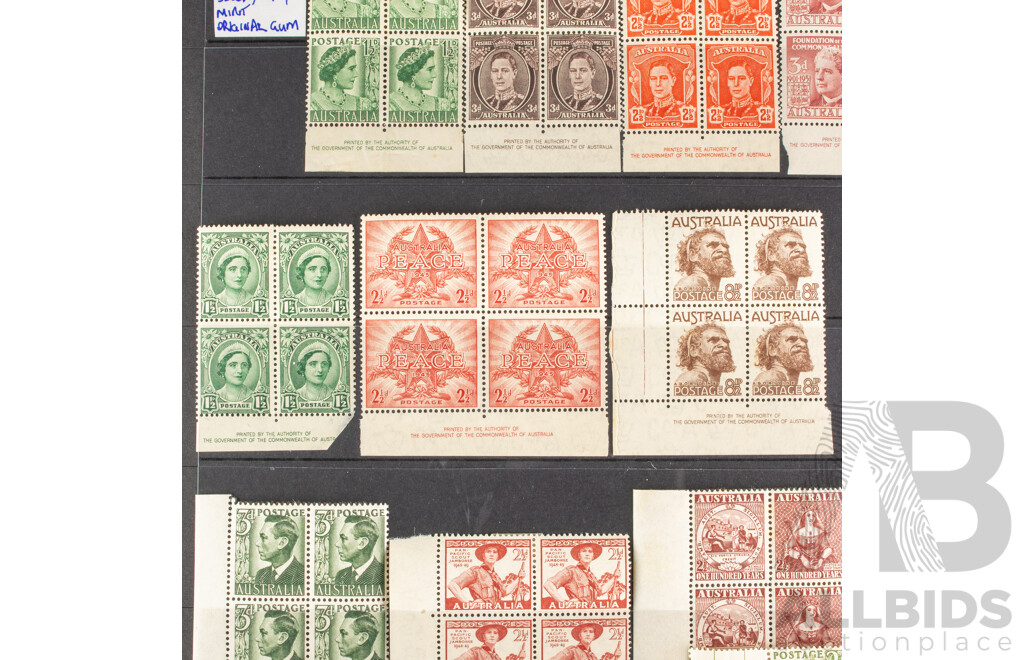 Collection of Australian Mint Predecimal Stamp Blocks Including KGVI, QE2, John Ash Print