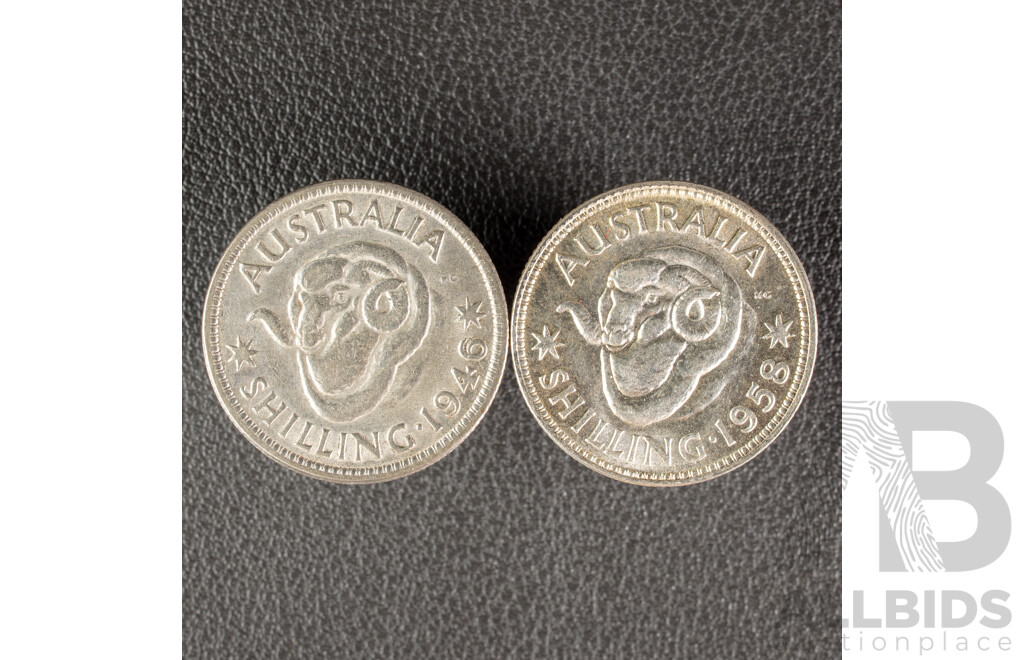 Australian 1958 KGVI Silver Shilling High Grade and 1946 with Die Crack .500