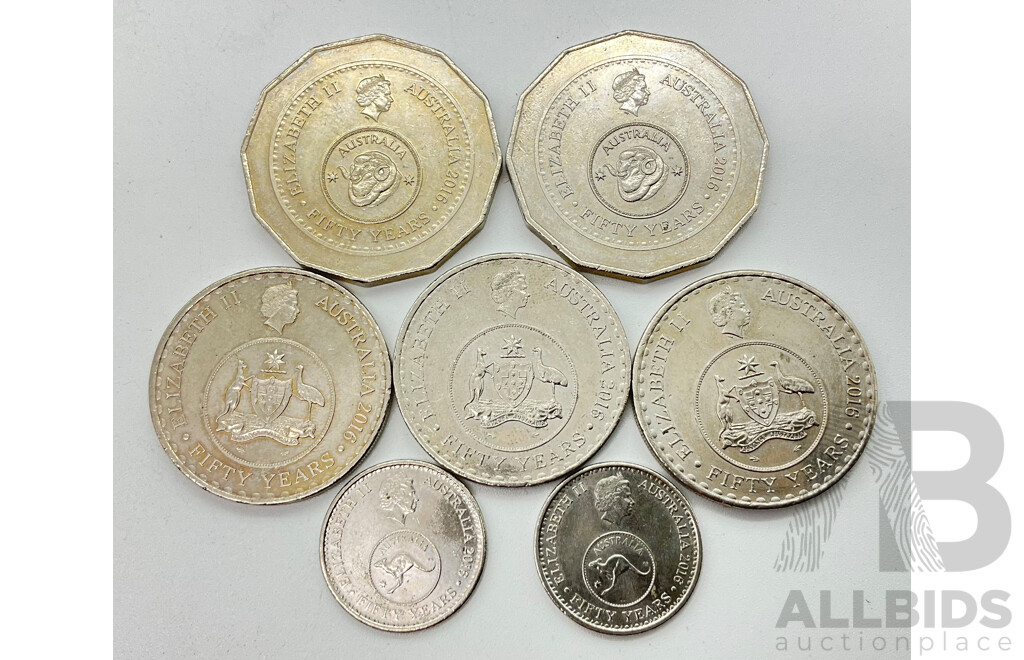 Australian 2016 Decimal Coins - Fifty Years of Decimal Currency,  Five Cents (2) Twenty Cents(3) Fifty Cents(2)