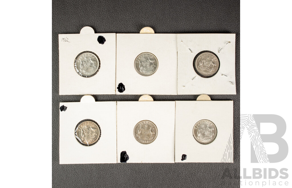 Six Australian QE2 Silver Sixpence, All High Grade .500