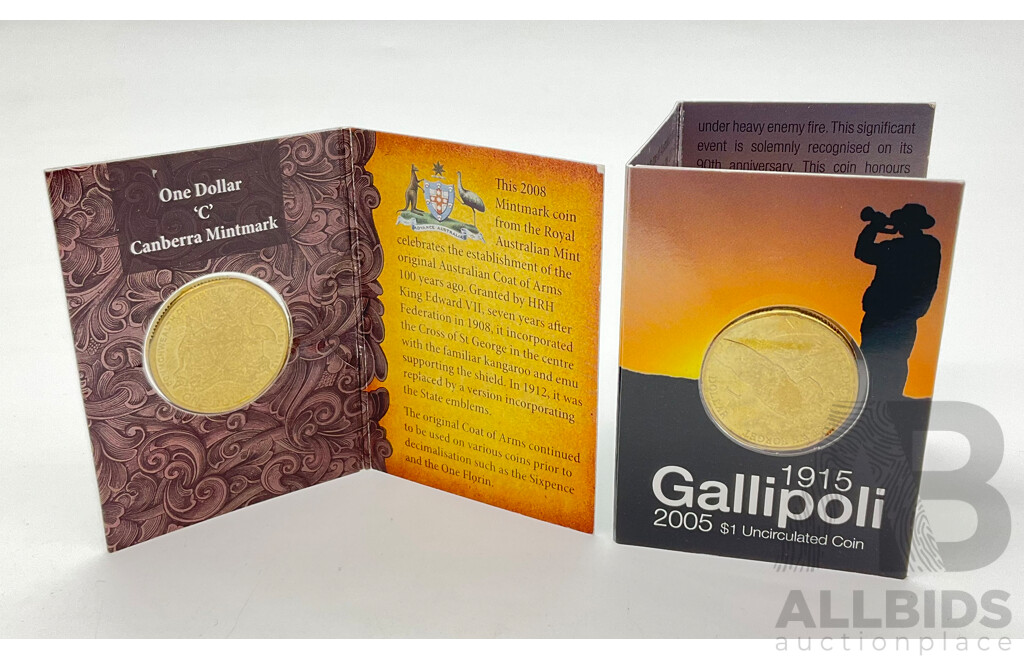 Australian RAM One Dollar Coins, 2005 Gallipoli 'C' Mint Mark and 2008 One Hundred Years of Coat of Arms 'C' Mint Mark