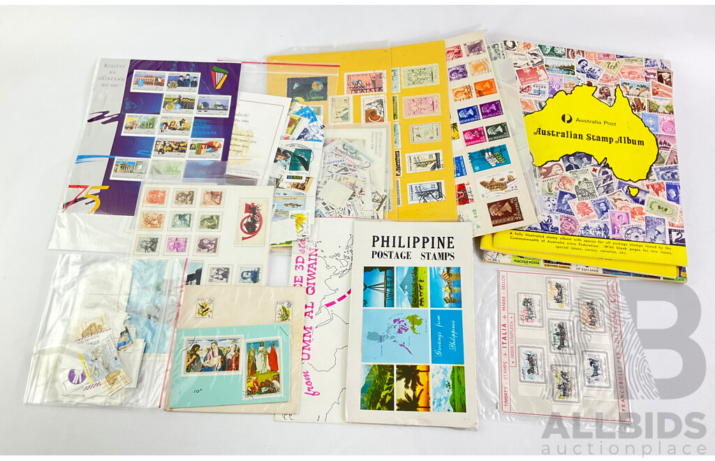 Assortment of Australian and International Stamp Packs, Mint and Cancelled Including Italy, Philippines, Hong Kong and More