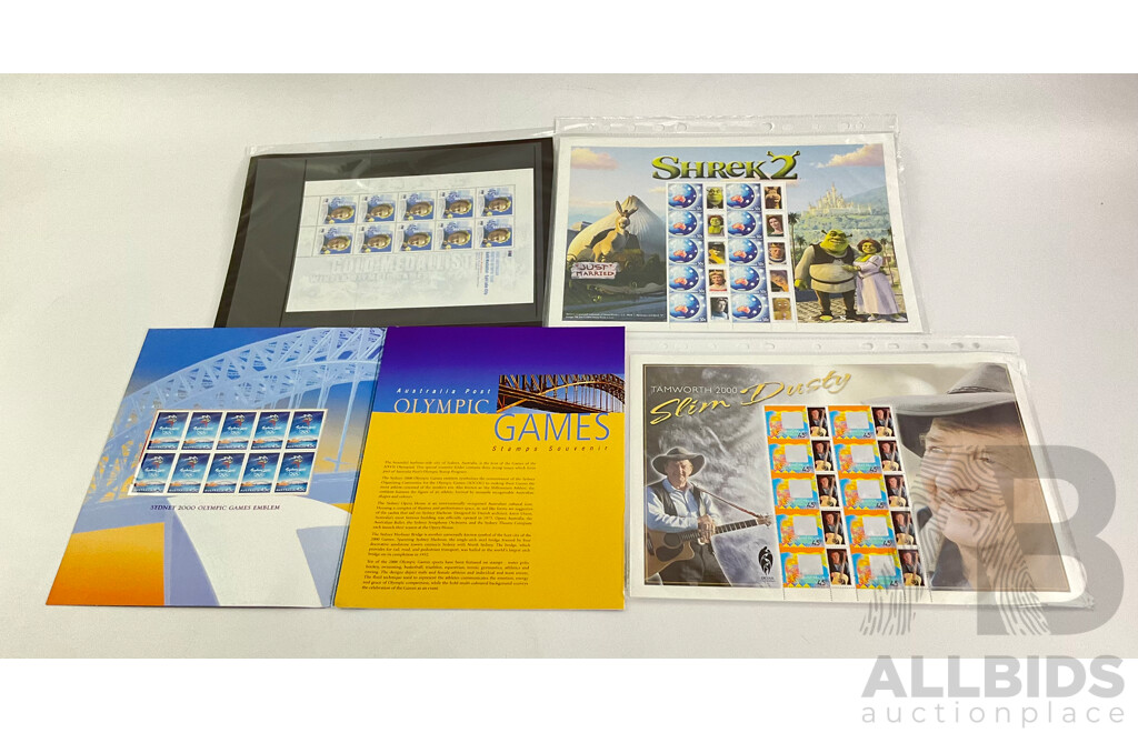 Australian Mini Stamp Sheets Including Shrek 2, Slim Dusty, 2000 Olympic Games and 2002 Winter Olympic Gold Medallist