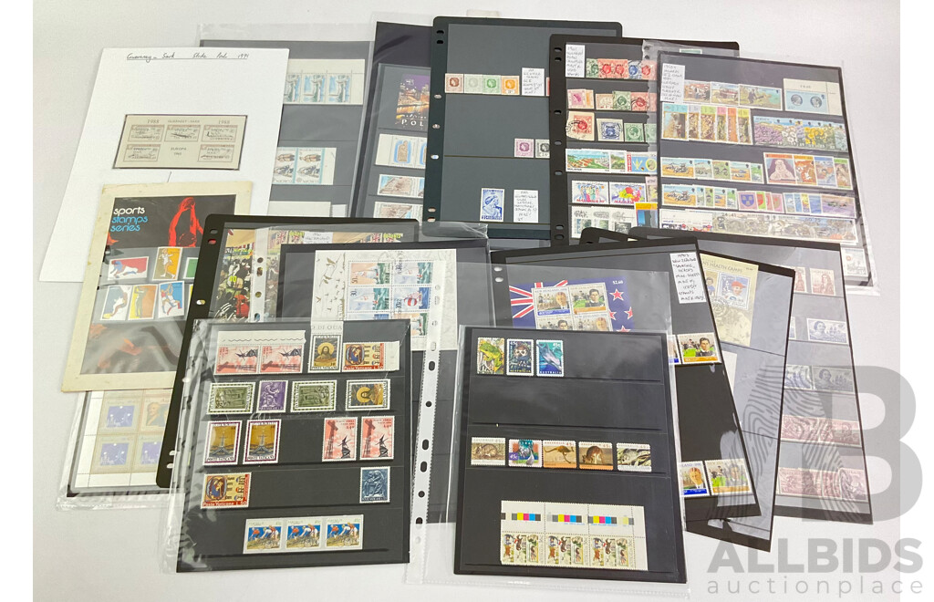 Collection of International Mint, Mini Sheets and Cancelled Stamps From Australia, New Zealand, Guernsey-Sark, Italy, China, Malaysia and More