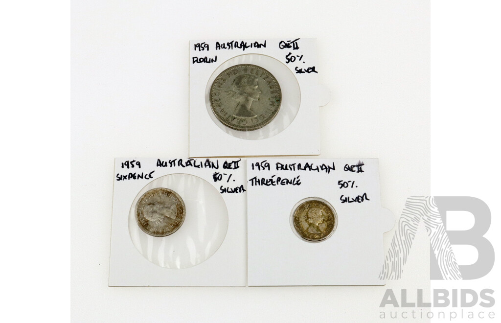 Australian 1959 Florin, Sixpence and Threepence .500 Silver