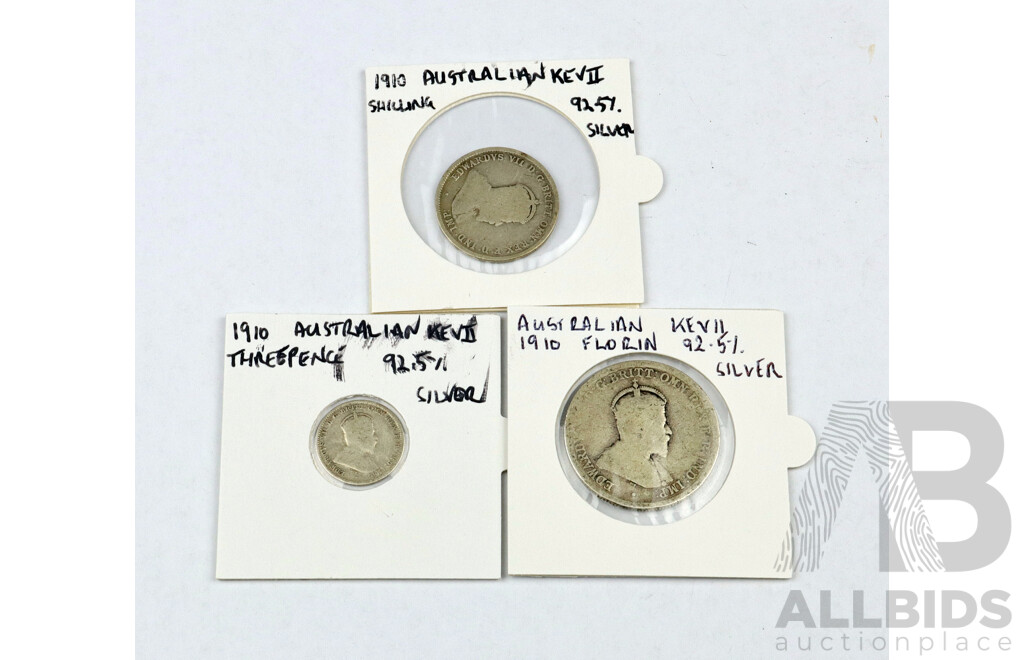 Australian 1910 Florin, Shilling and Threepence .925 Silver