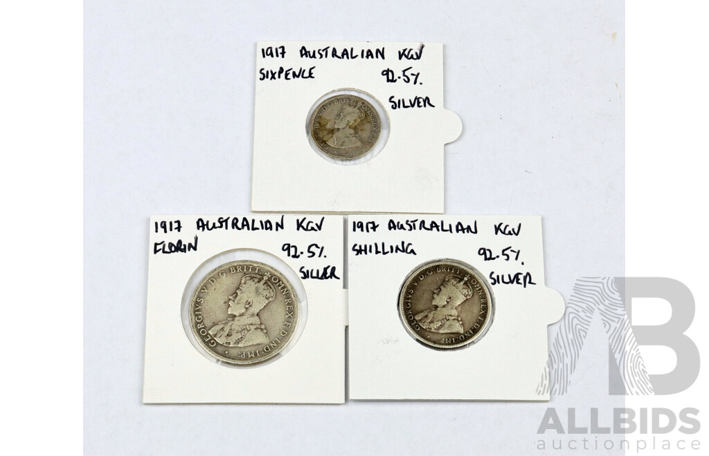 Australian 1917 Florin, Shilling and Threepence.925 Silver