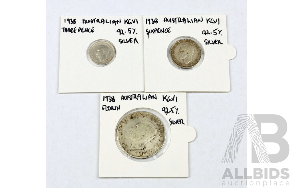 Australian 1938 Florin, Sixpence and Threepence .925 Silver