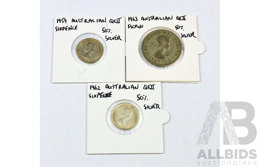 Australian 1963 Florin, 1959 and 1962 Sixpence .500 Silver