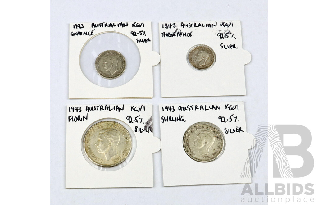 Australian 1943 Full Set Florin, Shilling, Sixpence and Threepence .925 Silver