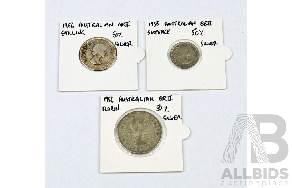 Australian 1956 Florin, Shilling and Sixpence .500 Silver